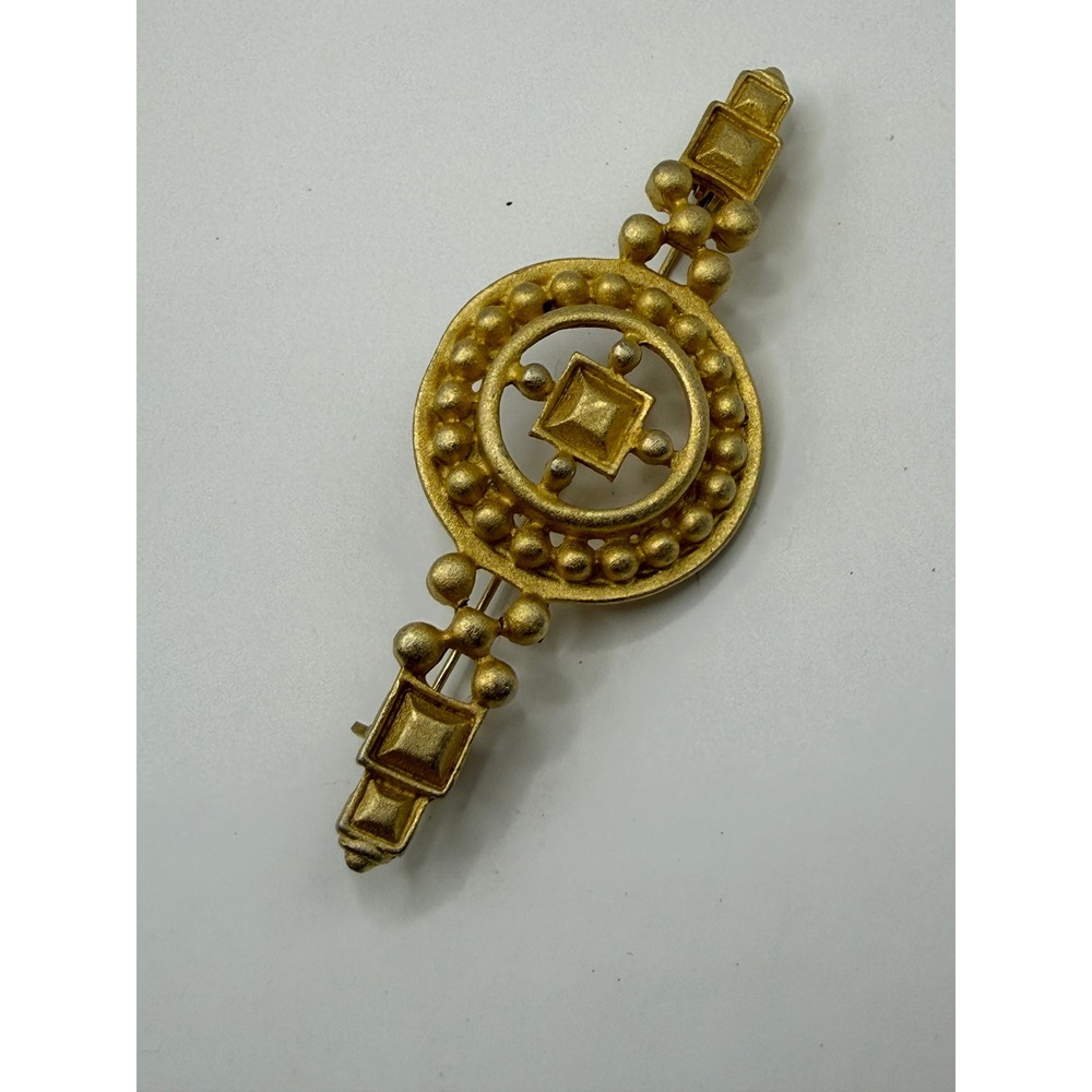 Vintage Matte Gold Tone Geometric Bar Brooch Textured Beaded Design Accessory - Picture 3 of 10